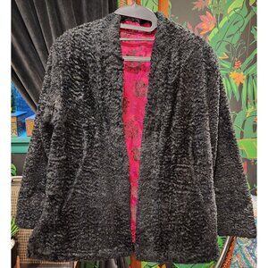 Black Faux Fur Reversible Jacket With Red Asiab Floral Satin Lining Medium.